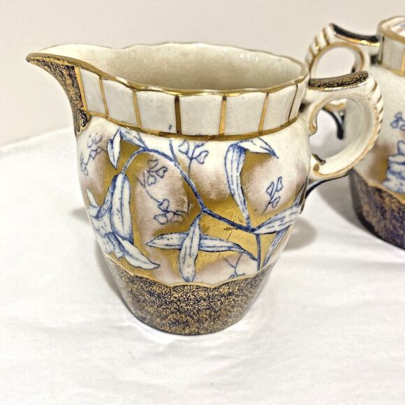 Vintage porcelain creamer & sugar bowl cobalt blue gold highlights unique floral - Picture 5 of 12